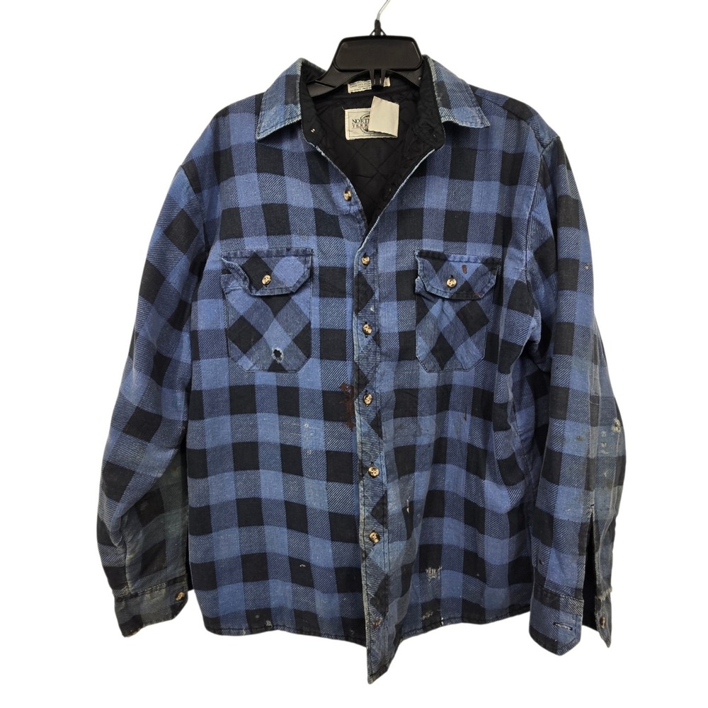 Vintage 80s 90s Quilted Flannel Plaid Shirt Mens L Blue Thrashed Grunge Street